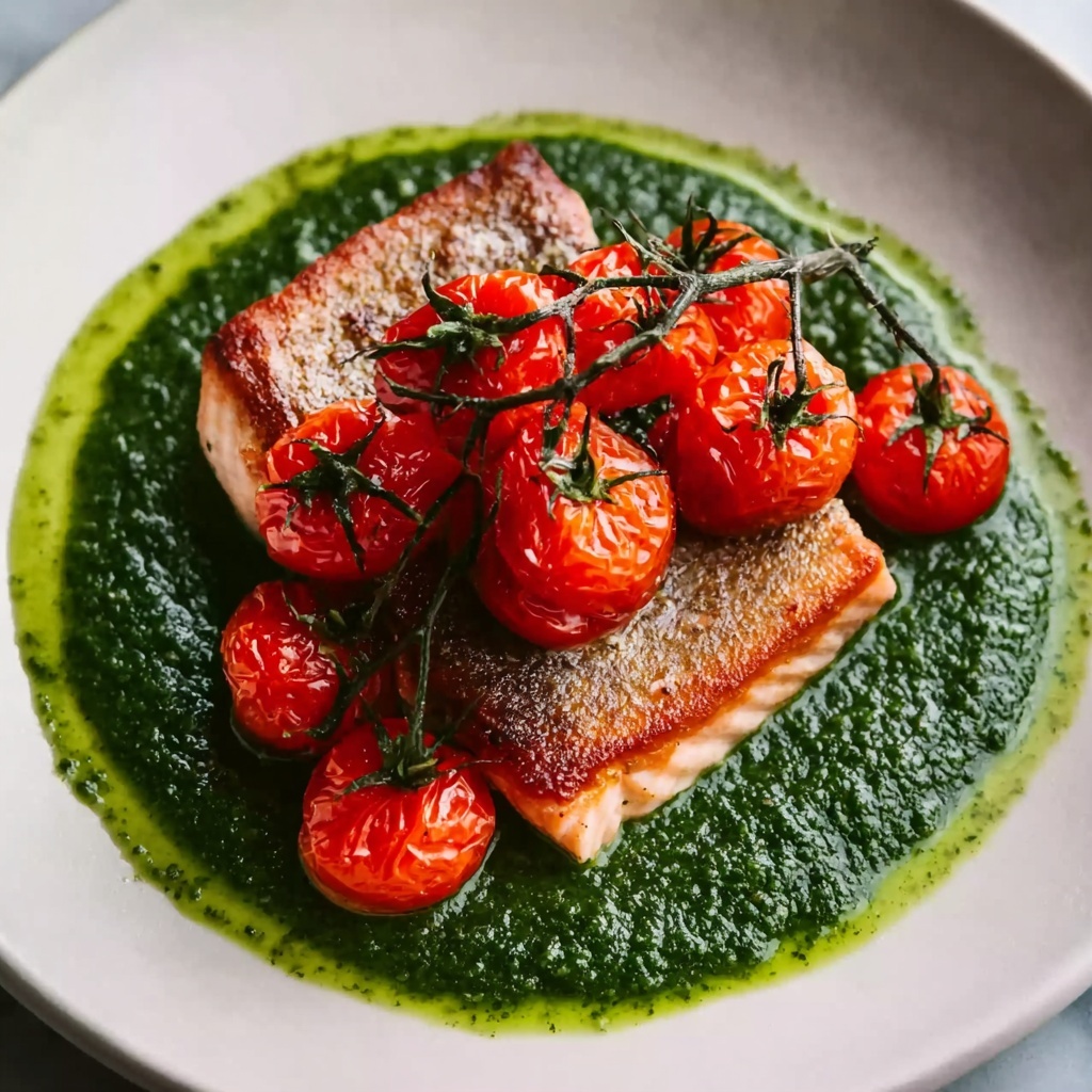 Salmon with Pesto and Blistered Cherry Tomatoes Recipe - Recipe Image
