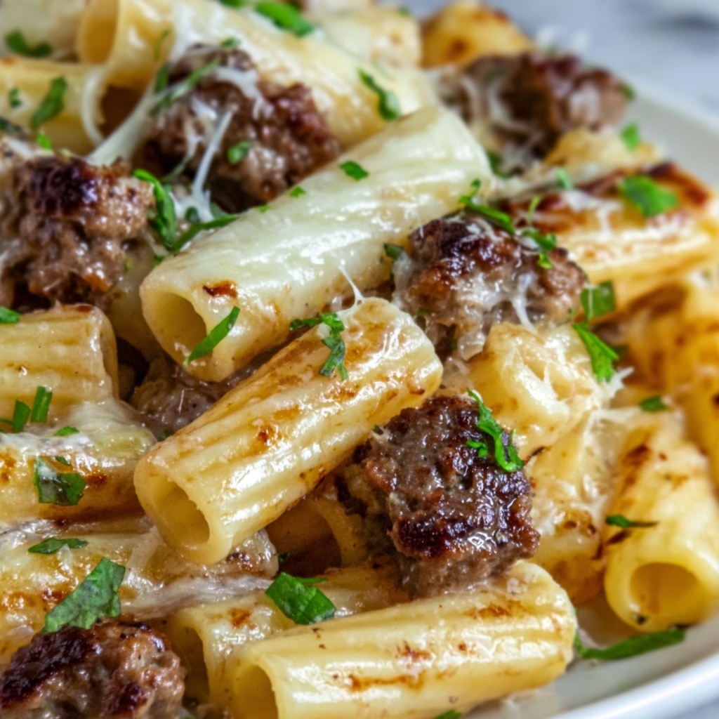 Creamy Cheesy Garlic Butter Rigatoni with Savory Beef Recipe - Recipe Image