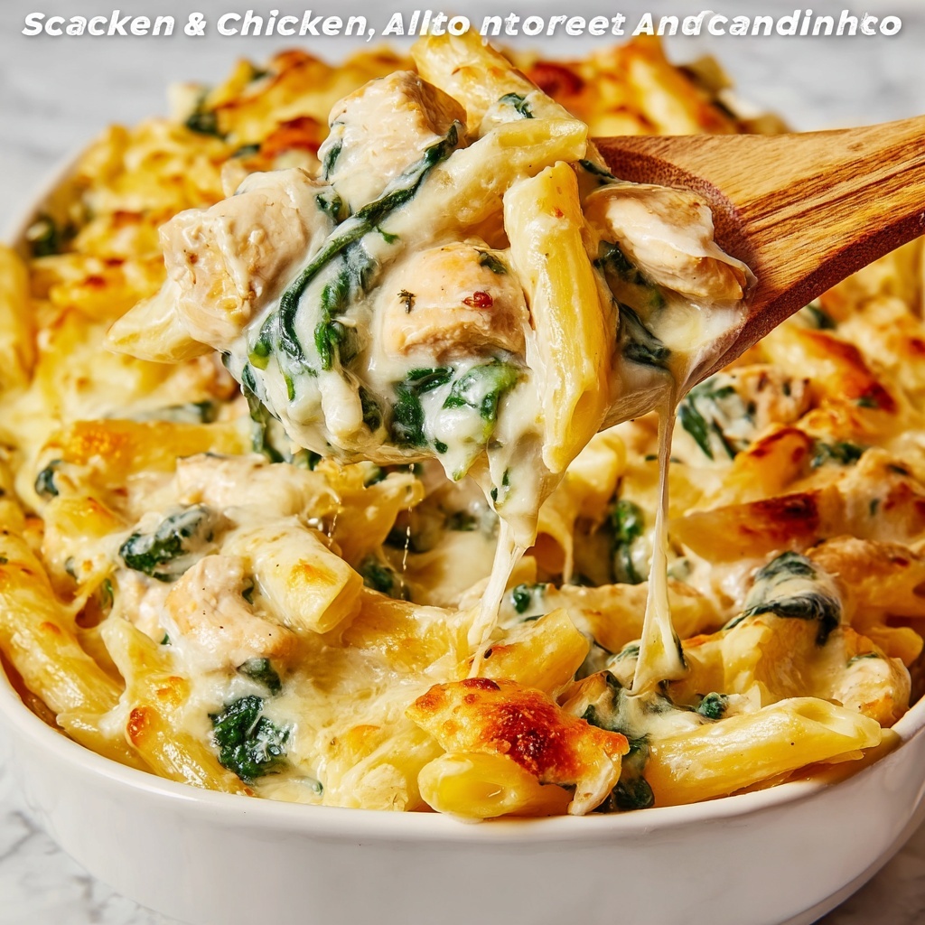 Three Cheese Chicken Spinach & Artichoke Alfredo Pasta Bake Recipe - Recipe Image