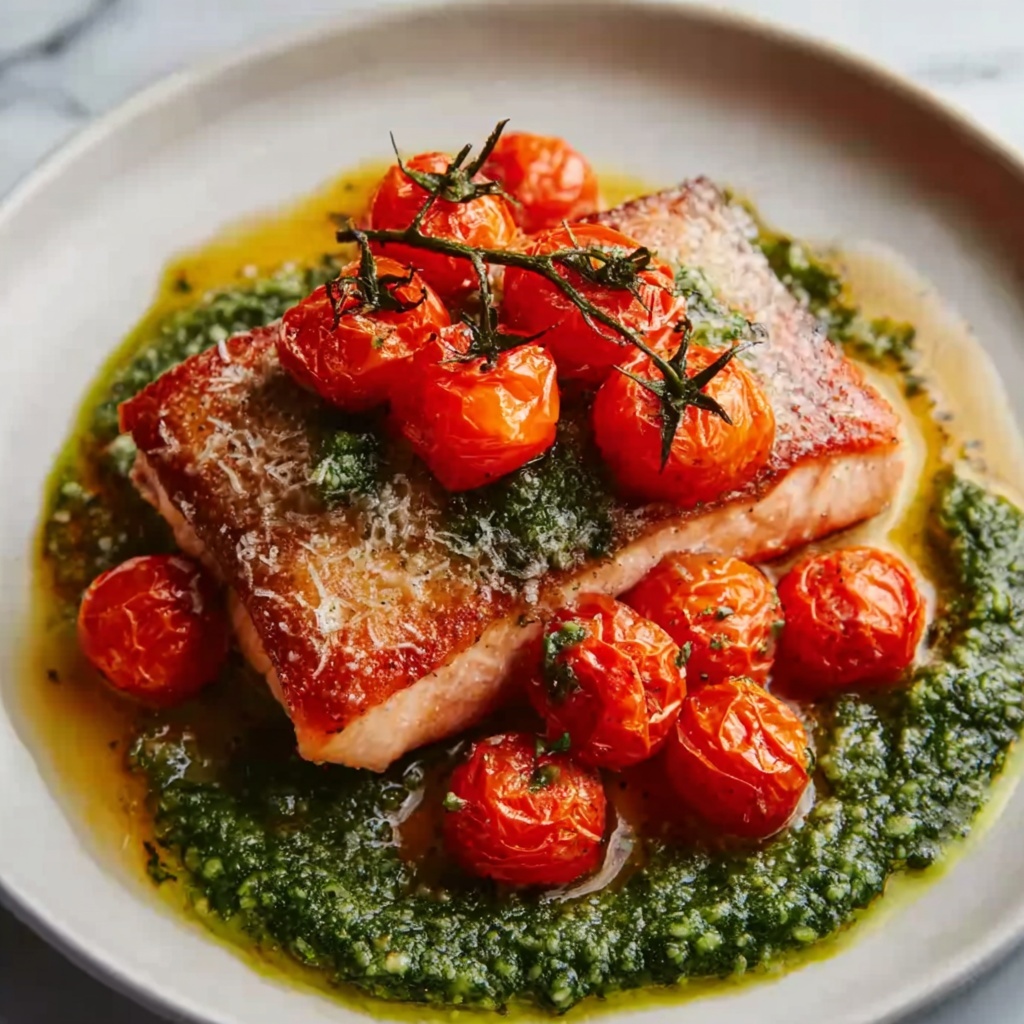 Salmon with Pesto and Blistered Cherry Tomatoes Recipe - Recipe Image