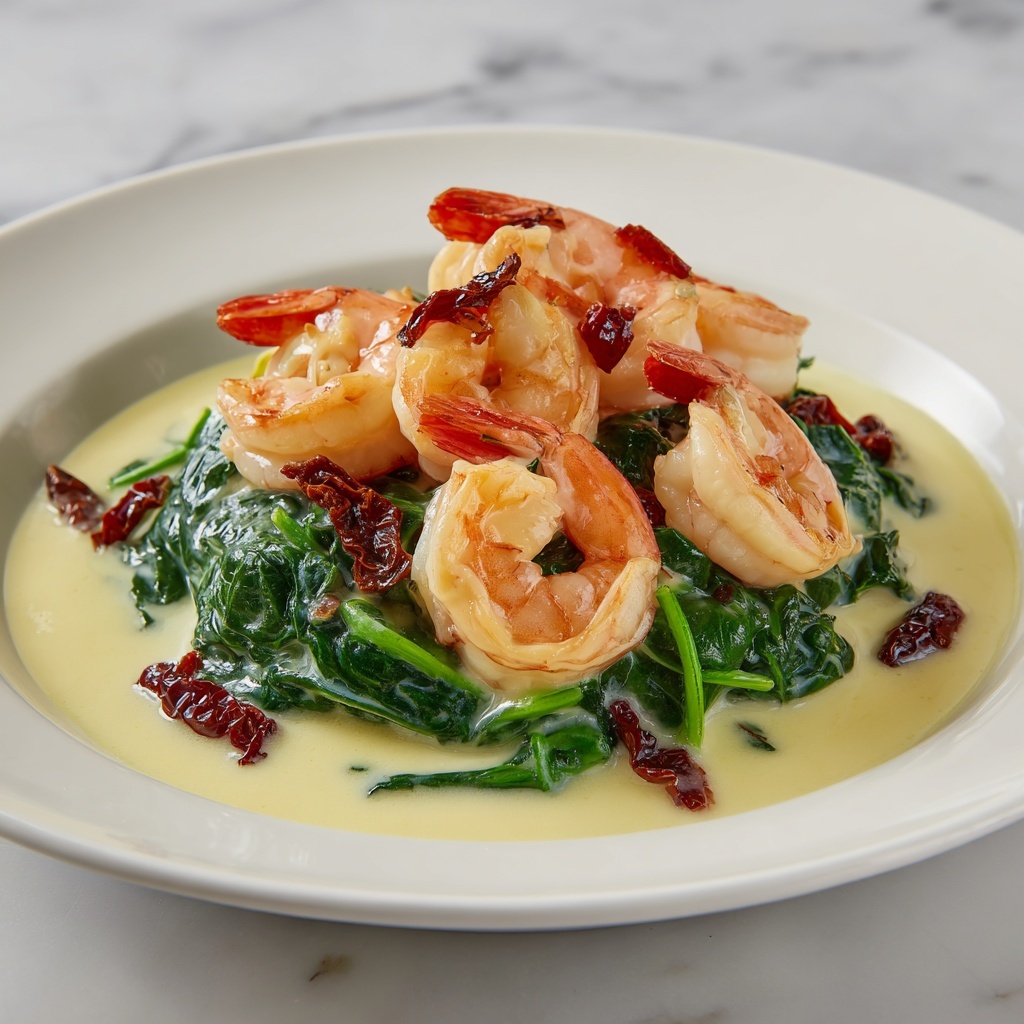 Tuscan Shrimp with Spinach, Artichokes, and Sun-Dried Tomatoes Recipe - Recipe Image