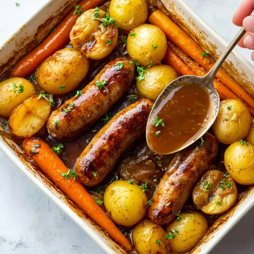 Oven Baked Sausages with Potatoes, Vegetables and Gravy Recipe - Recipe Image