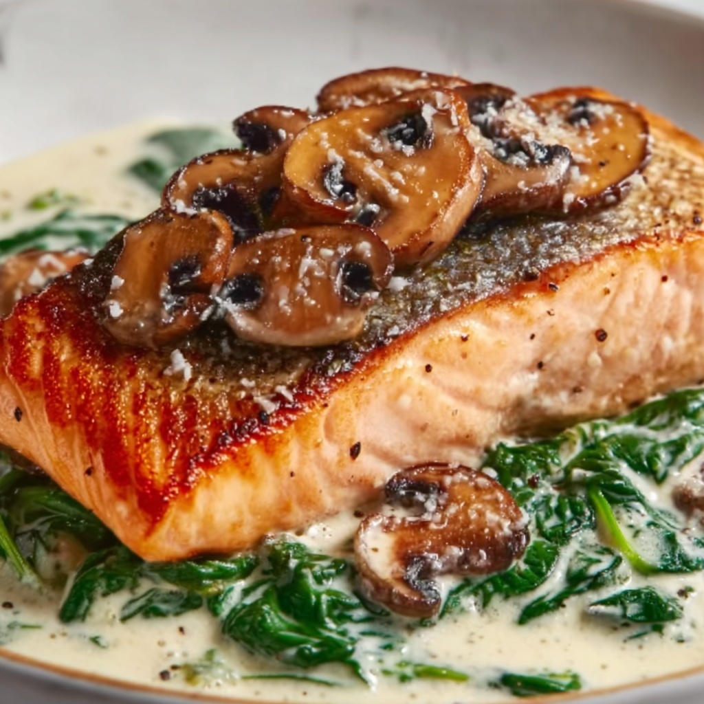 Garlic Butter Salmon with Spinach & Mushrooms in Creamy Sauce Recipe - Recipe Image