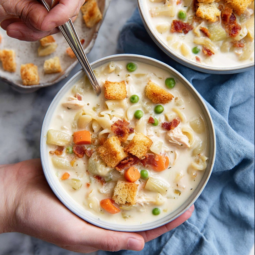 Creamy Chicken Noodle Soup with Mini Croutons Recipe - Recipe Image