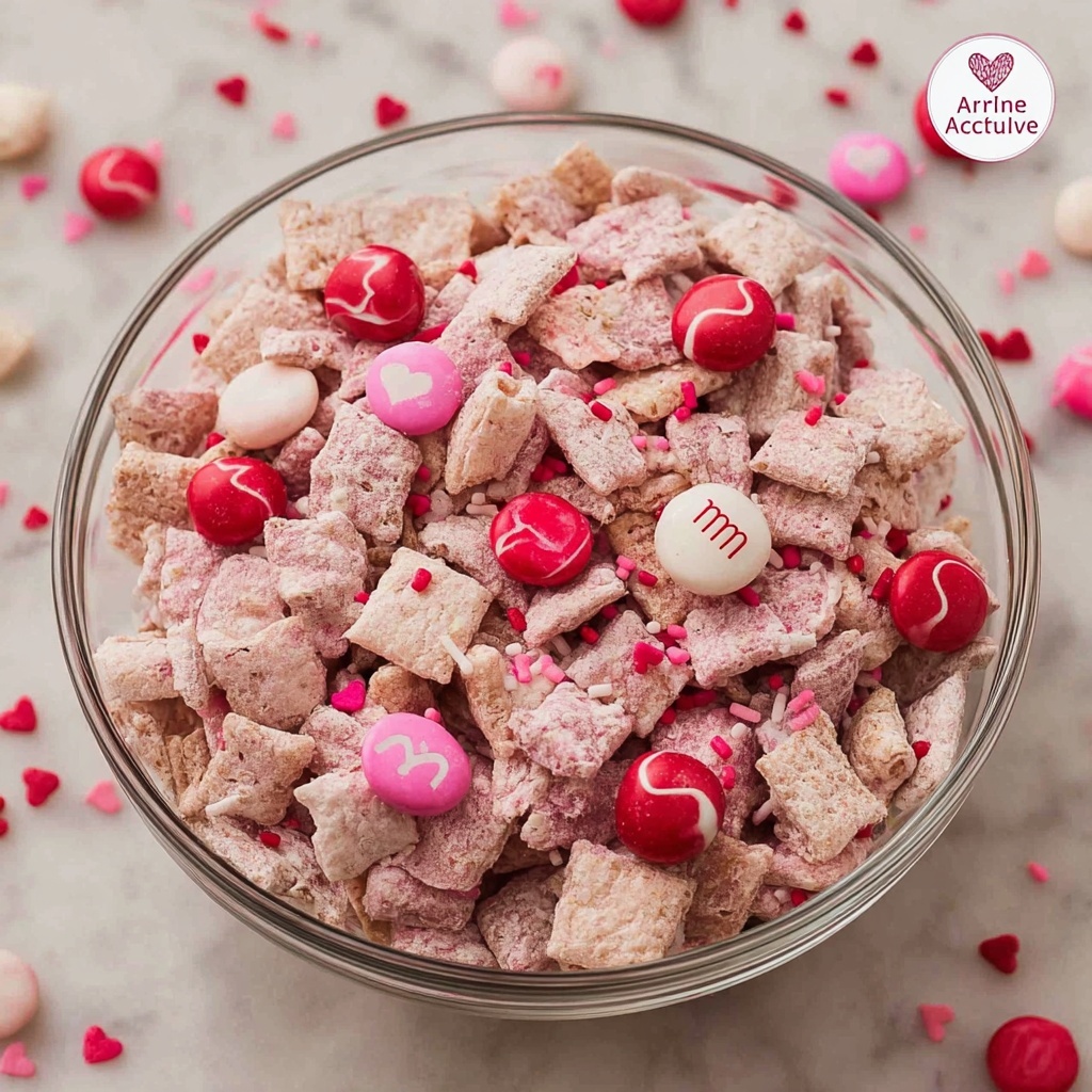 Strawberry White Chocolate Chex Mix with Pink M&Ms and Sprinkles Recipe - Recipe Image