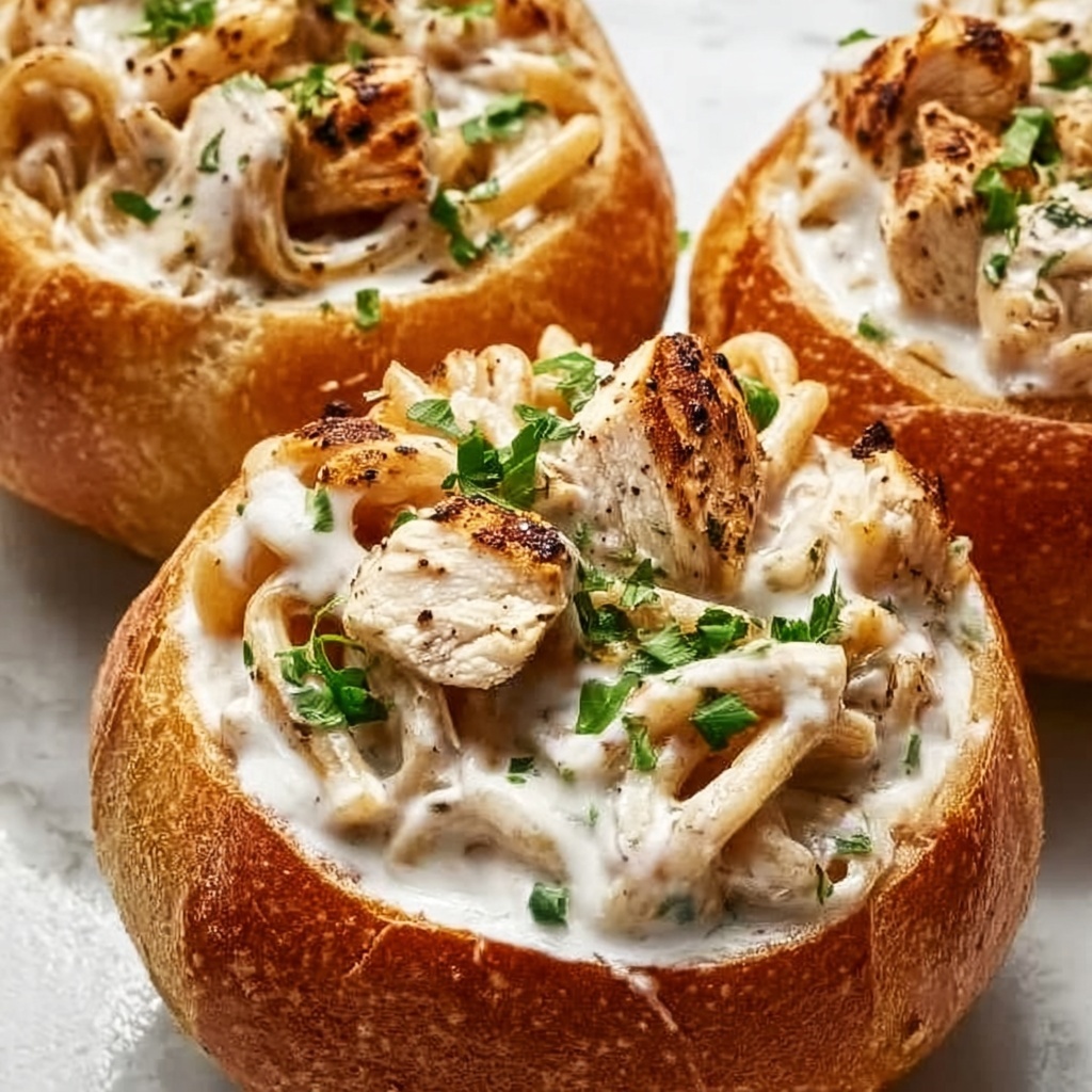 Chicken Alfredo Garlic Bread Bowls Recipe - Recipe Image