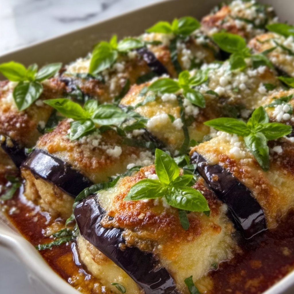 Eggplant Involtini: Italian Baked Eggplant Rolls with Ricotta and Marinara Recipe - Recipe Image