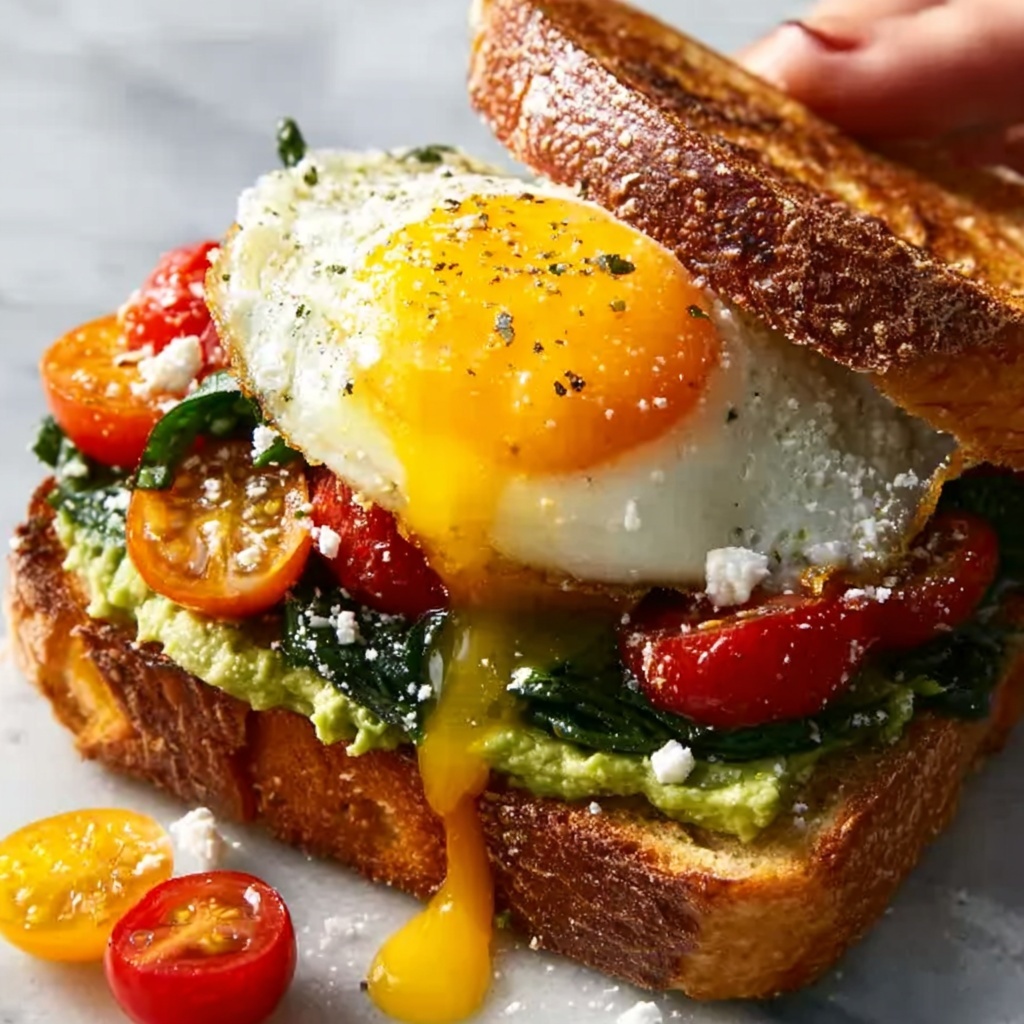 Mediterranean Breakfast Sandwich with Feta, Halloumi, and Fresh Veggies Recipe - Recipe Image